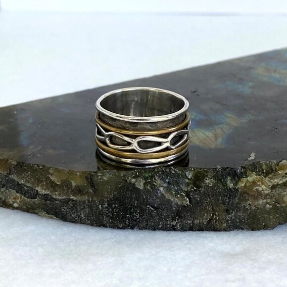 Sterling Silver 925 India Two Tone Brass Wide Multiple Band Spinner Ring Sz 7.5 - Picture 6 of 14